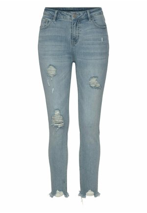 Hellblaue Jeans aus Denim mit distressed Akzenten, die Risse mit ausgefransten Kanten und ein schmal geschnittenes Design aufweisen. Standard Fünf-Taschen-Stil.