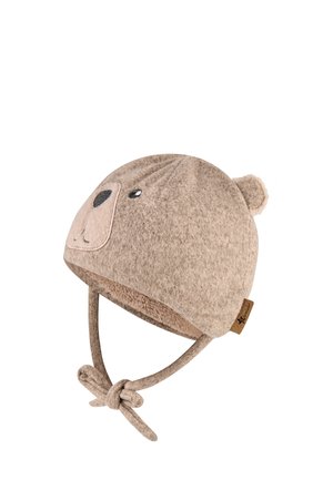 Beige Wollmütze mit Bärenkopf-Design, Ohrakzenten und Kinnriemen. Weiche Textur, gestickte Details und ein kuscheliges Futter.