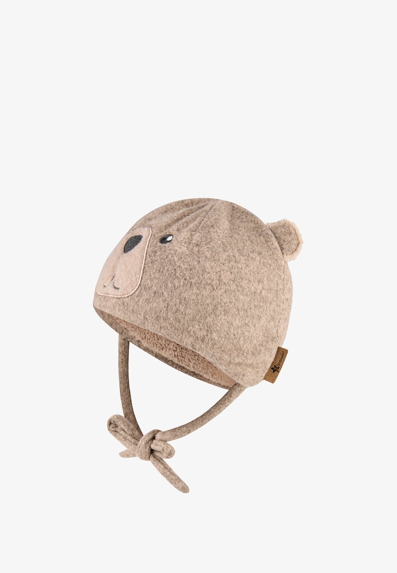 Beige Wollmütze mit Bärenkopf-Design, Ohrakzenten und Kinnriemen. Weiche Textur, gestickte Details und ein kuscheliges Futter.