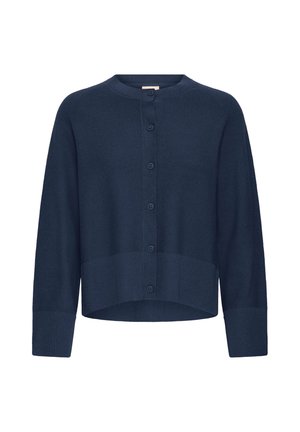 Námorníckomodrý kardigán vyrobený z textúrovanej látky, s okrúhlym výstrihom, zapínaním na gombíky a rebrovanými manžetami a lemom.