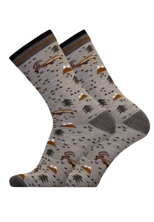 Gray socks featuring a mountain and forest pattern, with brown and green accents and a ribbed black and brown cuff.