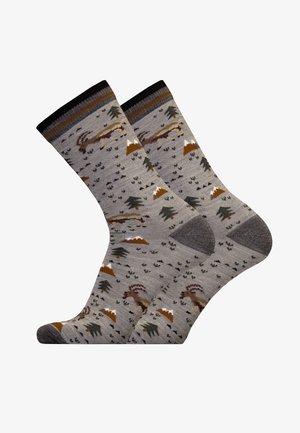 Gray socks featuring a mountain and forest pattern, with brown and green accents and a ribbed black and brown cuff.