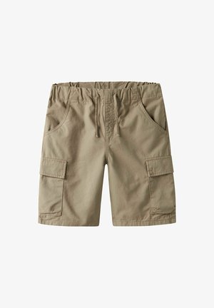 Pantaloni cargo color khaki con vita elasticizzata, chiusura con cordoncino, due tasche laterali e due tasche cargo sulle gambe.