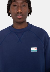 Sudadera de color azul marino con cuello redondo y puños acanalados. Presenta un parche de logo multicolor en el pecho y mangas raglán.
