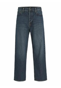 Jeans de mezclilla de color azul oscuro con un diseño de tiro alto y pierna ancha, con un leve desgastado y un estilo clásico de cinco bolsillos. Cierre frontal con botón y cremallera.