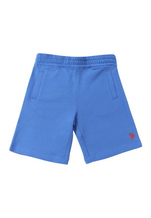 Pantaloncini blu con vita elastica, tasche laterali e piccolo logo rosso ricamato sulla parte inferiore della gamba destra.