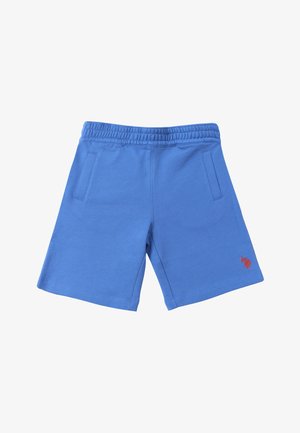Pantaloncini blu con vita elastica, tasche laterali e piccolo logo rosso ricamato sulla parte inferiore della gamba destra.