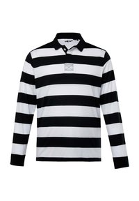 Pitkähihainen poolopaita, jossa on rohkeat mustavalkoiset vaakaraitakuviot, musta kaulus ja pieni kirjailtu kuvio rinnassa.