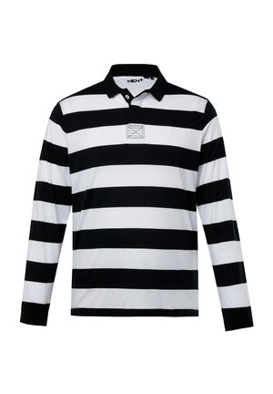 Polo de manga larga con audaces rayas horizontales en blanco y negro, cuello negro y un pequeño diseño bordado en el pecho.