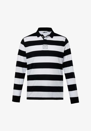 Polo à manches longues avec de larges rayures horizontales noires et blanches, un col noir, et un petit motif brodé sur la poitrine.