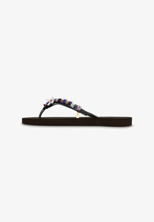 Black flip-flop with a textured, brown sole and decorative beaded strap featuring multi-colored beads and small accents.