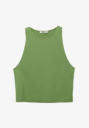 Zeleni krojeni top bez rukava s glatkom teksturom, širokim izrezom i šivenim rubovima. Izrađen od lagane tkanine.