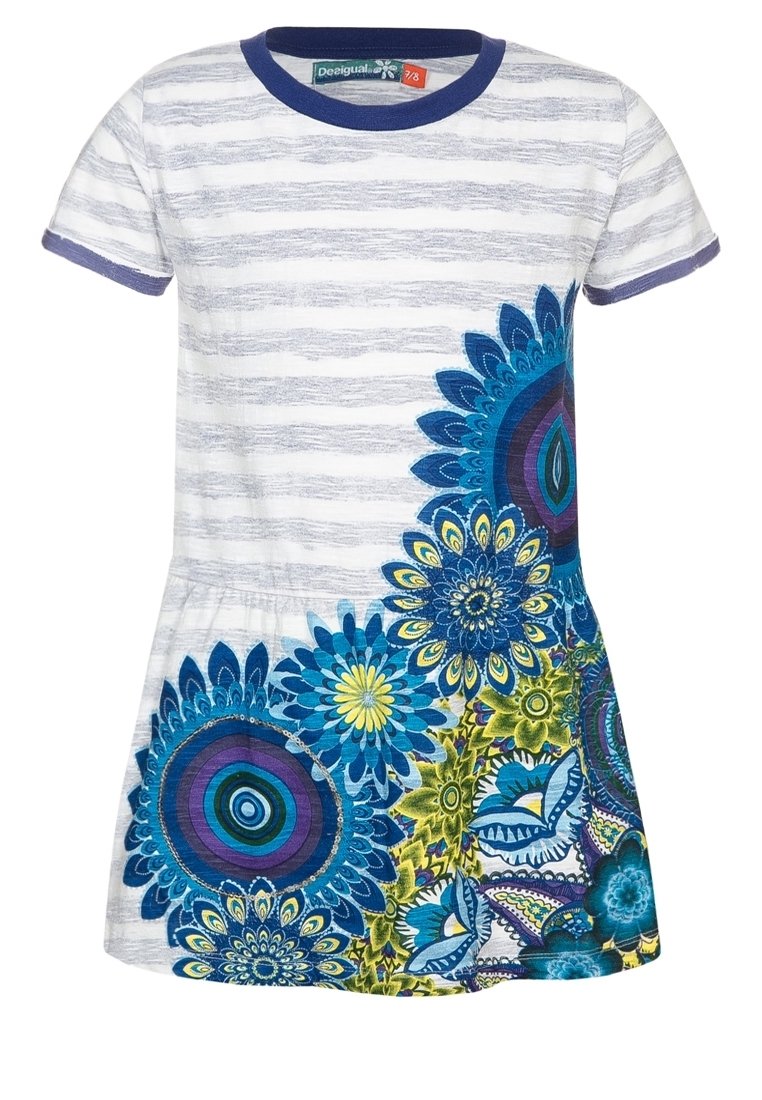 Pasiasta bawełniana sukienka z krótkimi rękawami, w niebiesko-białym wzorze, z dużymi kolorowymi wzorami kwiatowymi na dolnej części i rozkloszowanym dołem.