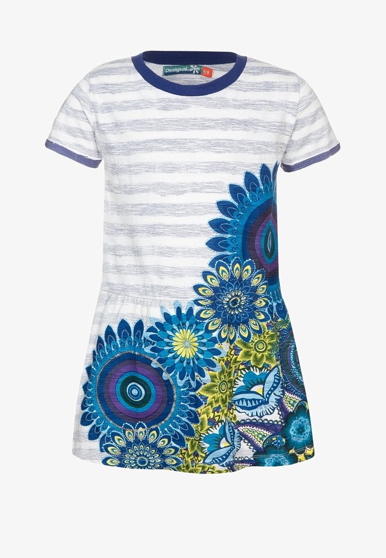 Pasiasta bawełniana sukienka z krótkimi rękawami, w niebiesko-białym wzorze, z dużymi kolorowymi wzorami kwiatowymi na dolnej części i rozkloszowanym dołem.