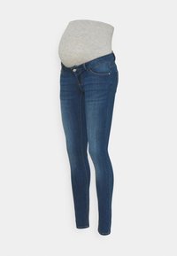 Jeans skinny de maternidad en denim azul oscuro, con un panel de barriga gris elástico, cierre de botón y diseño clásico de cinco bolsillos.