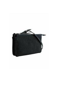 Sorte suede clutch bag med lynlås, aftagelig skulderrem og glat tekstur. Indeholder to rum til organisering.