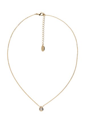 Collier délicat en chaîne d'or avec un pendentif en forme de goutte orné d'une pierre précieuse claire et un fermoir réglable avec des maillons d'extension.