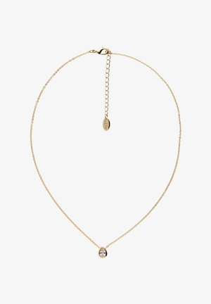 Delicate gold chain necklace with a teardrop-shaped clear gemstone pendant and adjustable clasp with extension links.