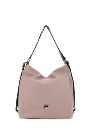 Borsa a tracolla in pelle rosa morbida con tracolla regolabile nera e piccolo logo del marchio nero al centro davanti.