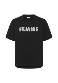 Tricou din bumbac negru, cu mâneci scurte și decolteu rotund. Pe față este inscriptionat cuvântul "FEMME" în paiete argintii.