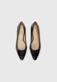 Ballerines noires à bout pointu avec une partie supérieure texturée, présentant un bout noir brillant. L'intérieur est doté d'un rembourrage clair avec des perforations pour la respirabilité.
