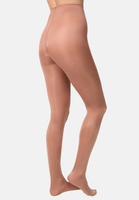 Cieliste rajstopy wykonane z gładkiego, elastycznego materiału; fason z wysokim stanem; nieprzezroczyste wykończenie; bezszwowa konstrukcja; neutralny odcień koloru.