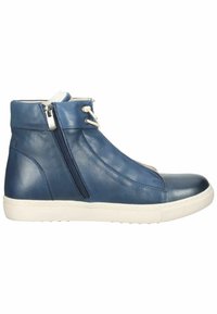 Donkerblauwe leren hoge sneakers met een witte zool. Voorzien van een zijrits, vetersluiting aan de voorkant en een ronde neus. Glad oppervlak, minimale accenten.