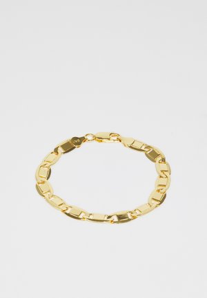 Bracelet en chaîne dorée avec des maillons plats s'entrelacés. Fini de surface lisse et brillant. Comprend un fermoir sécurisé pour la fermeture.