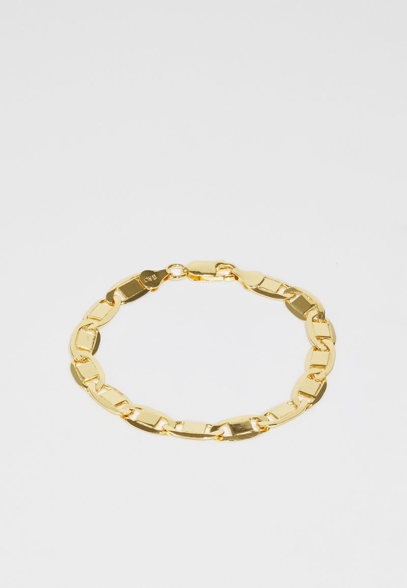 Kuldne kett käevõru, millel on tasasel viisil omavahel seotud lingid. Sile ja läikiv pind. Kinnitus on turvaline, et hoida käevõru kindlalt paigal.