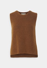 Suéter marrón sin mangas con una textura acanalada y un cuello redondeado, que presenta un dobladillo recto y está hecho de un tejido de punto suave.