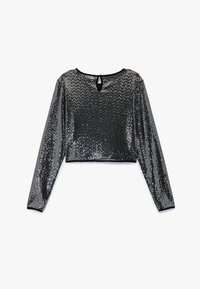 Schwarzes, gekürztes Langarmshirt mit Paillettenstruktur, rundem Ausschnitt und einer Schlüsselaugen-Detail auf der Rückseite. Die Kanten sind mit einem schwarzen Saum versehen.