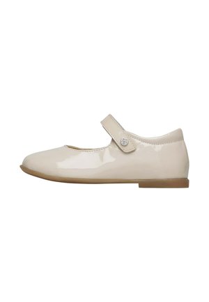 Scarpa Mary Jane in pelle sintetica beige con punta arrotondata e un'unica cinturino regolabile con un bottone a forma di stella. Suola piatta.