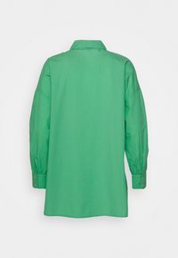 Green, long-sleeved shirt with a collared neck. Made of smooth fabric, featuring buttoned cuffs and a relaxed fit. Back view displayed.
