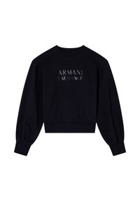 Felpa nera con maniche lunghe a sbuffo, polsini e orlo a coste. Presenta il logo "ARMANI EXCHANGE" in rilievo con finitura argento sul davanti.