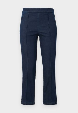 Donkerblauwe denim broek met een rechte snit, voorzien van contrasterende stiksels, zijzakken en een zoom die aan de onderkant iets uitloopt.