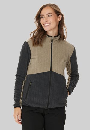 Beige und dunkelgraue Fleecejacke mit hohem Kragen, Reißverschluss und zwei Fronttaschen; strukturiertem Stoff mit einem Farbmix-Design.