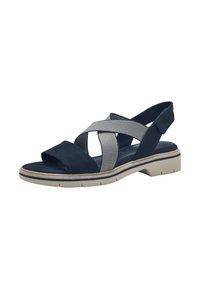 Navy blue sandal with crossband elastic straps, a wide soft toe strap, and a cushioned sole with a light beige tread.