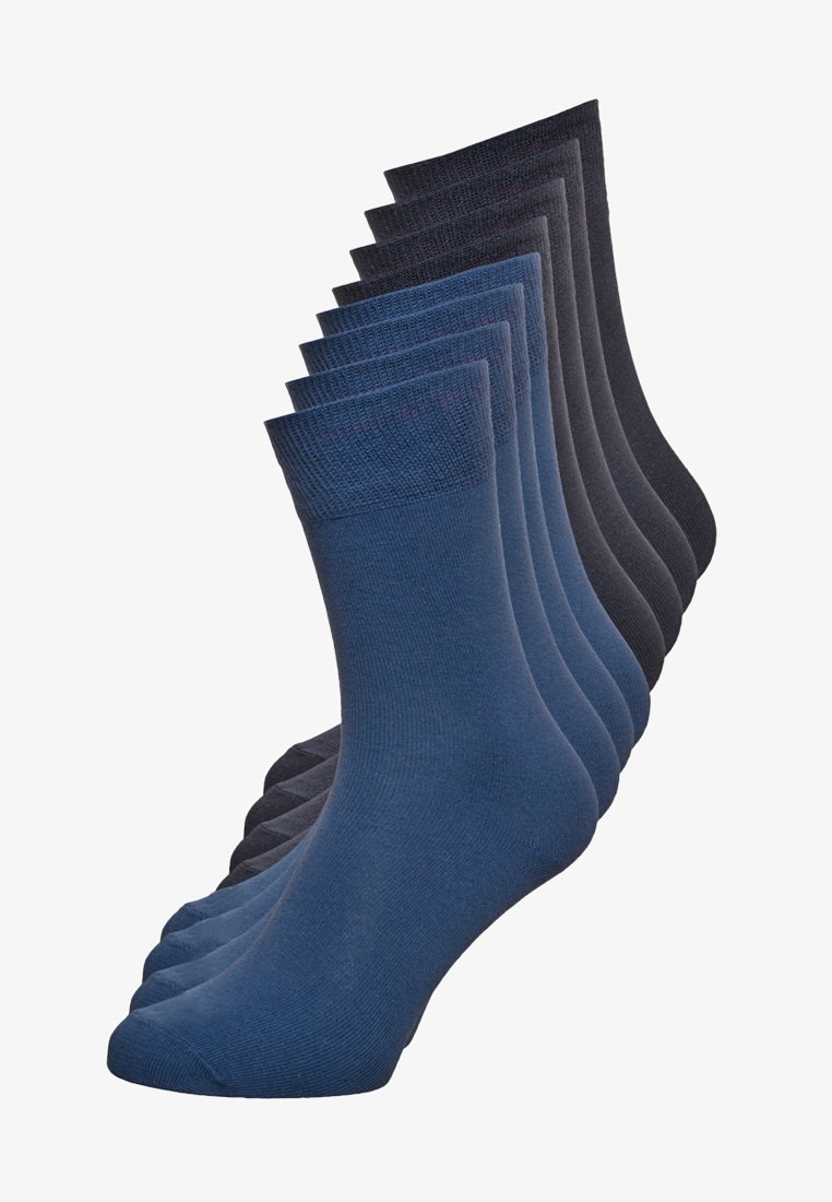 Navy and black cotton blend socks, smooth texture, crew length, featuring ribbed cuffs, arranged in a gradient from dark to light shades.