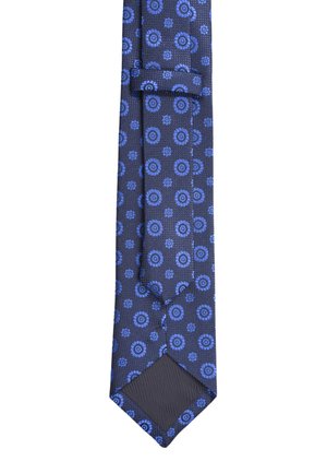 Cravatta blu navy con un tessuto strutturato caratterizzato da motivi circolari blu, punta a freccia e una asola coordinata.