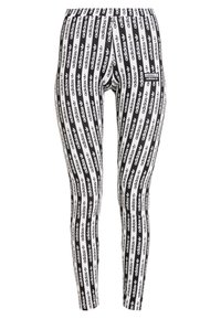 Svartvita leggings med upprepat "adidas"-logotypdesign, åtsittande, tillverkade av stretchigt material, med hög midja och slät textur.