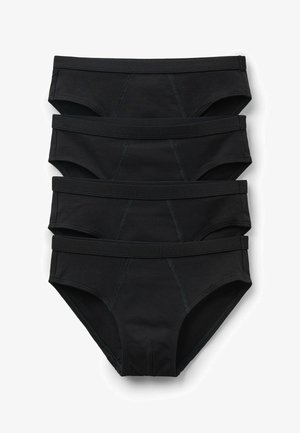 Schwarze Baumwollslips, vier Stück übereinander gestapelt, mit glatter Textur, elastischem Bund und kontrastierenden Nähten.