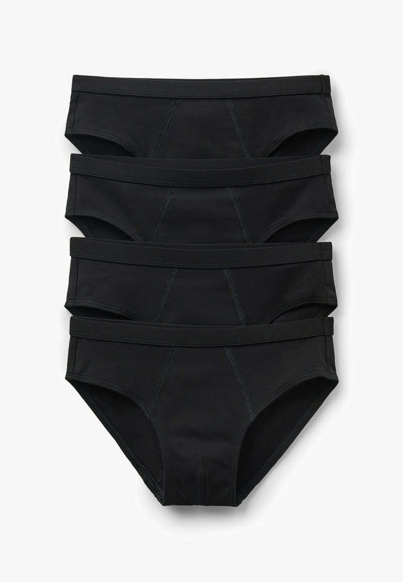 Schwarze Baumwollslips, vier Stück übereinander gestapelt, mit glatter Textur, elastischem Bund und kontrastierenden Nähten.