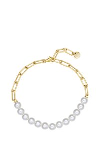 Bracciale a catena dorata con perle bianche lucide sul davanti, alternate con collegamenti dorati allungati e un sicuro gancio a granchio.