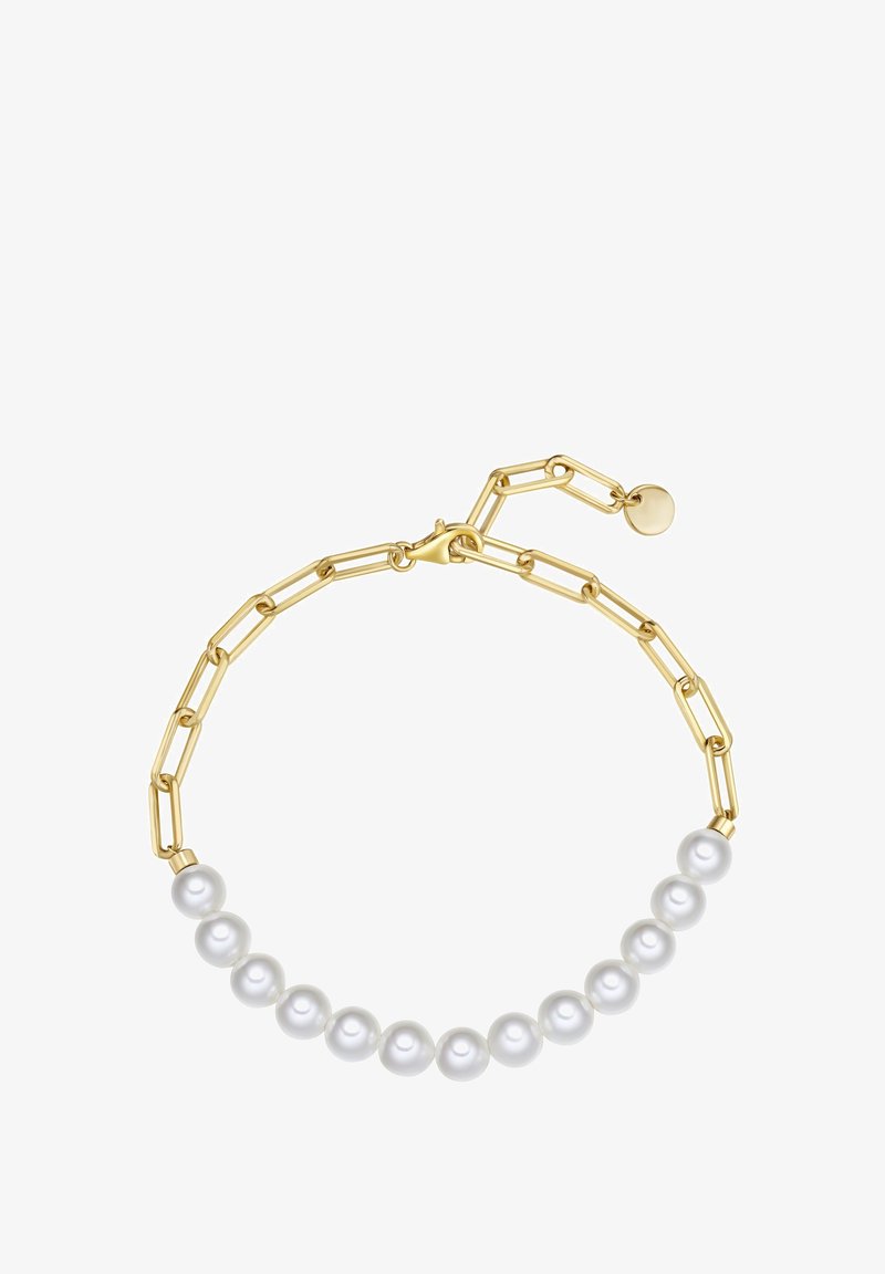 Kuldne ahelkett, mille eesosas on läikivad valged pärlid, vaheldumisi piklike kuldsete linkidega ja kindla homaarikinnitusega.