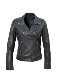 Svart läderbikerjacka med en figurnära design, dragkedjefront och två sidofickor. Har texturerade detaljer på ärmarna och kragen.