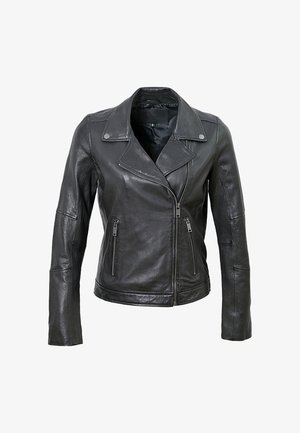 Schwarze Leder-Bikerjacke mit taillierter Passform, Reißverschluss vorne und zwei Seitentaschen. Mit strukturierten Akzenten an Ärmeln und Kragen.