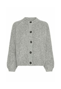 Cardigan grigio lavorato a maglia con texture a coste, scollo rotondo e sei bottoni neri. Vestibilità aderente, maniche lunghe con cuciture a raglan.