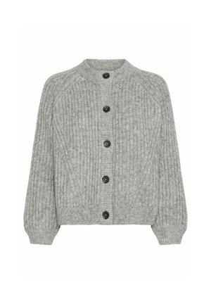 Cardigan grigio lavorato a maglia con texture a coste, scollo rotondo e sei bottoni neri. Vestibilità aderente, maniche lunghe con cuciture a raglan.