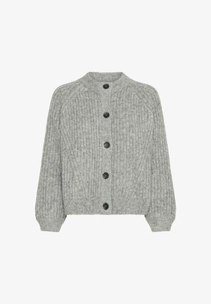 Cardigan gri tricotat cu textură răcoroasă, guler rotund și șase butoane negre. Mâneci lungi, ajustate, cu cusături raglan.