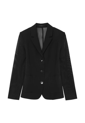 Schwarzer Blazer mit strukturiertem Design, einreihiger Front mit drei Knöpfen, zwei aufgesetzten Taschen und transparentem Stoff an den Ärmeln.